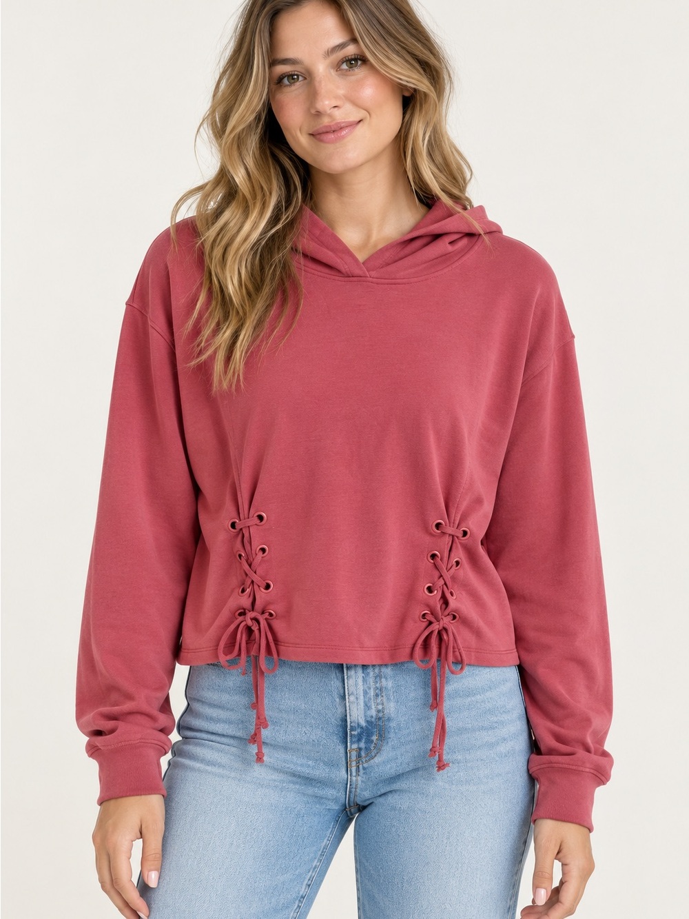 Garage Lace-Up Cropped Hoodie in Rose